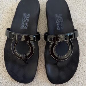 Ferragamo Logo Black Thong Sandals 9.5